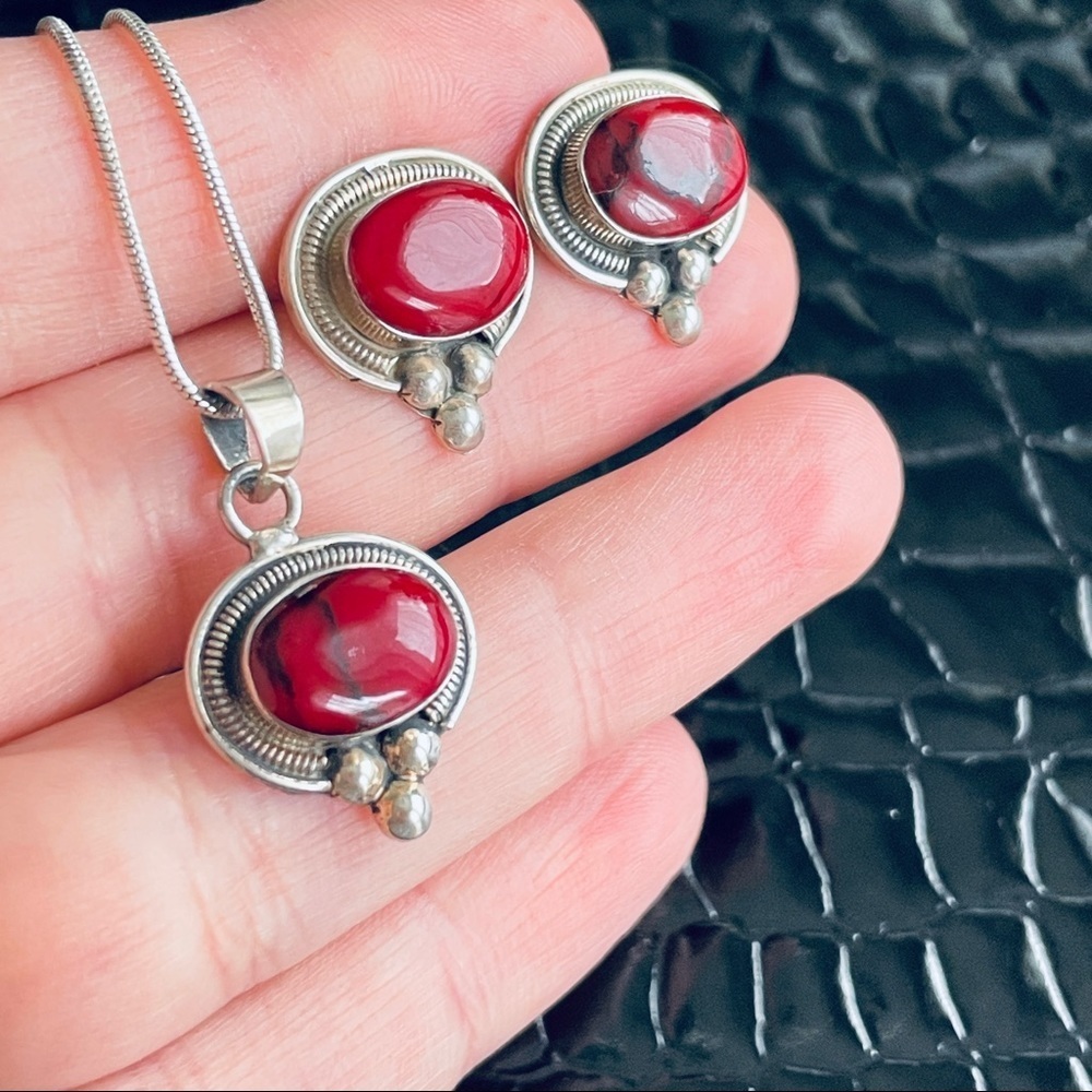 Vintage ATI Mexico Red Jasper Sterling Silver Pendant Necklace Earrings … - Picture 4 of 9